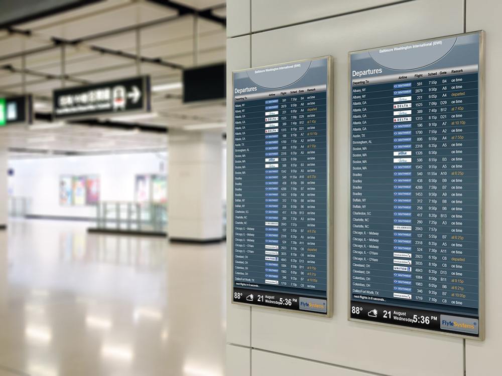 Herkömmliche FIDS-Screens an einem Airport (Foto: Flyte Systems)