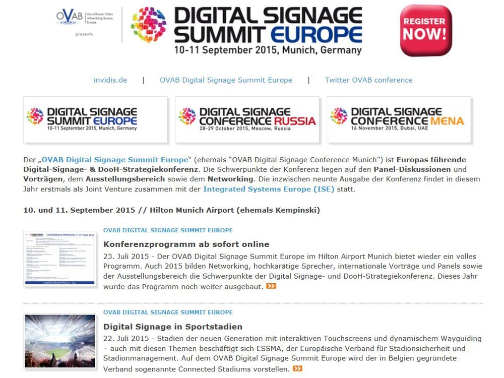 Alle News zum OVAB Digital Signage Summit Europe 2015 auf einen Blick (Bild: invidis)