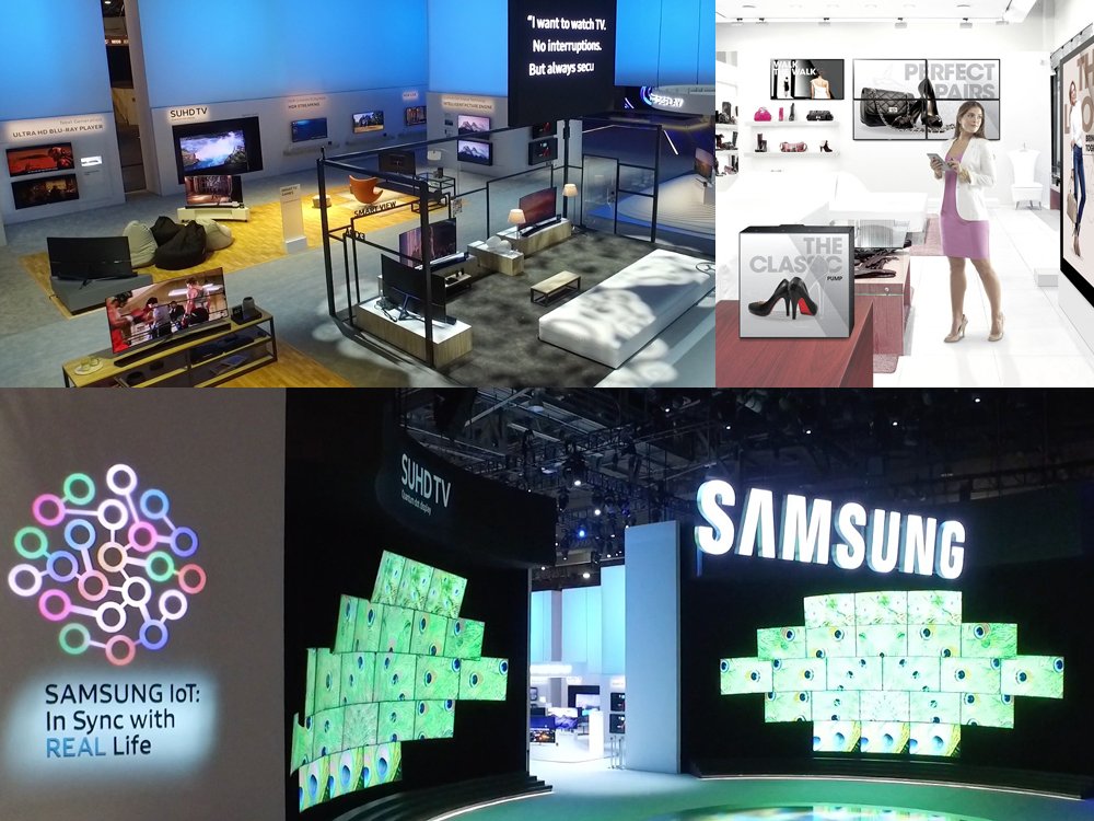 Samsung Stand auf der CES 2016 und Retail Szenario (Fotos: Samsung Montage: invidis)