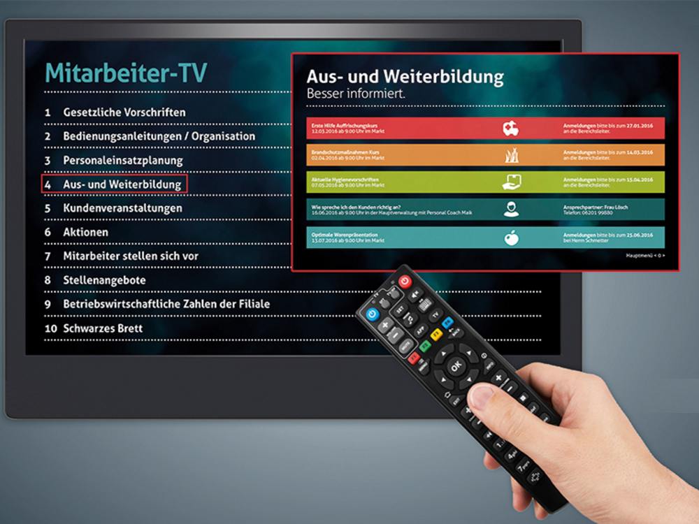 Nur eine der Anwendungen von PRESTIGEenterprise - Mitarbeiter-TV (Foto: Online Software AG)