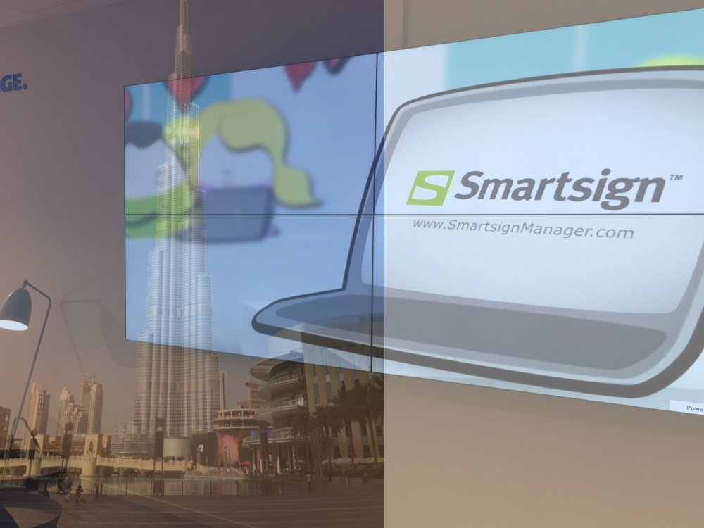 Schweden expandieren in die VAR - Skyline von Dubai und auf Smartsign laufende Video Wall (Fotos: Smartsign; Montage: invidis)