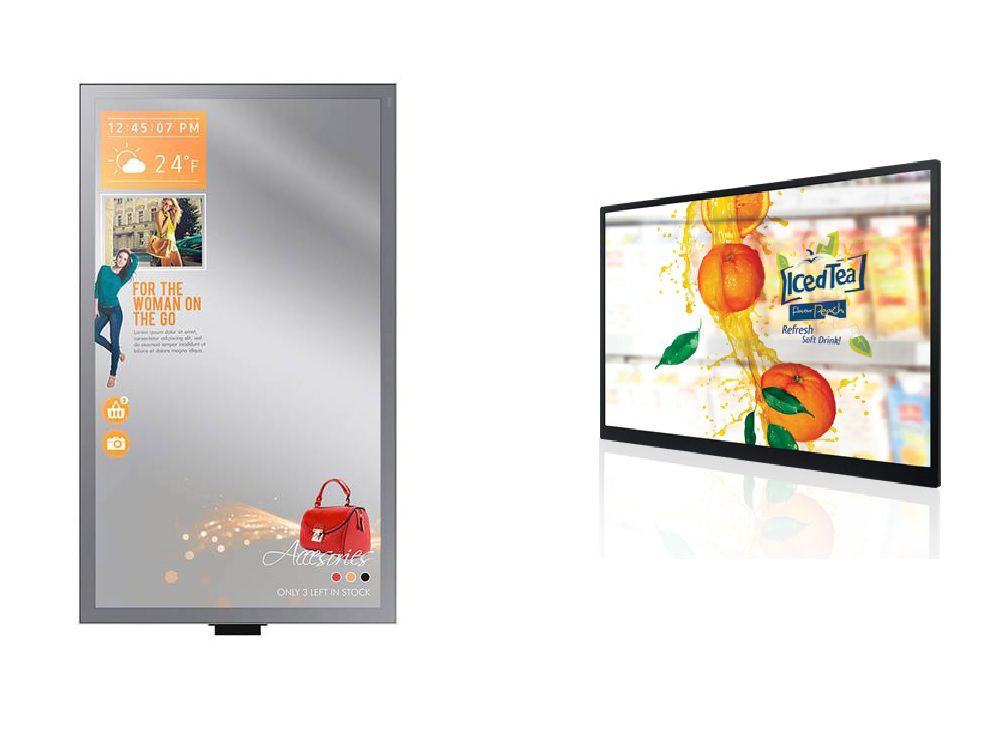 Von links nach rechts - Interaktiver Spiegel für Umkleidekabinen und transparenter Monitor (Fotos: NEXGEN smart instore)