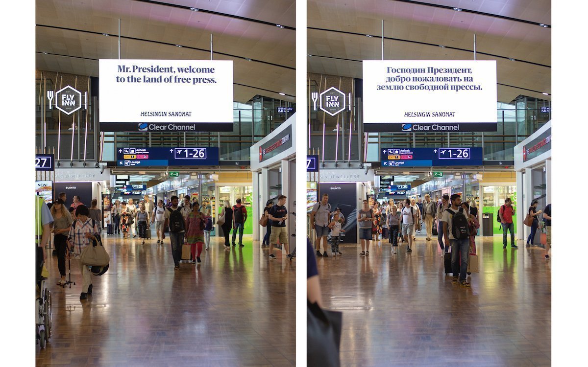Trump und Putin werden auch auf digitalen Airport Medien mit dem Thema Pressefreiheit konfrontiert (Fotos: Helsingin Sanoma