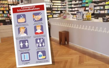 Apotheken setzten derzeit auf Digital Signage, um Kunden über Corona und Schutzmaßnahmen aufzuklären – In Österreich unterstützt mediaCon bei der Kommunikation (Foto: mediaCon)