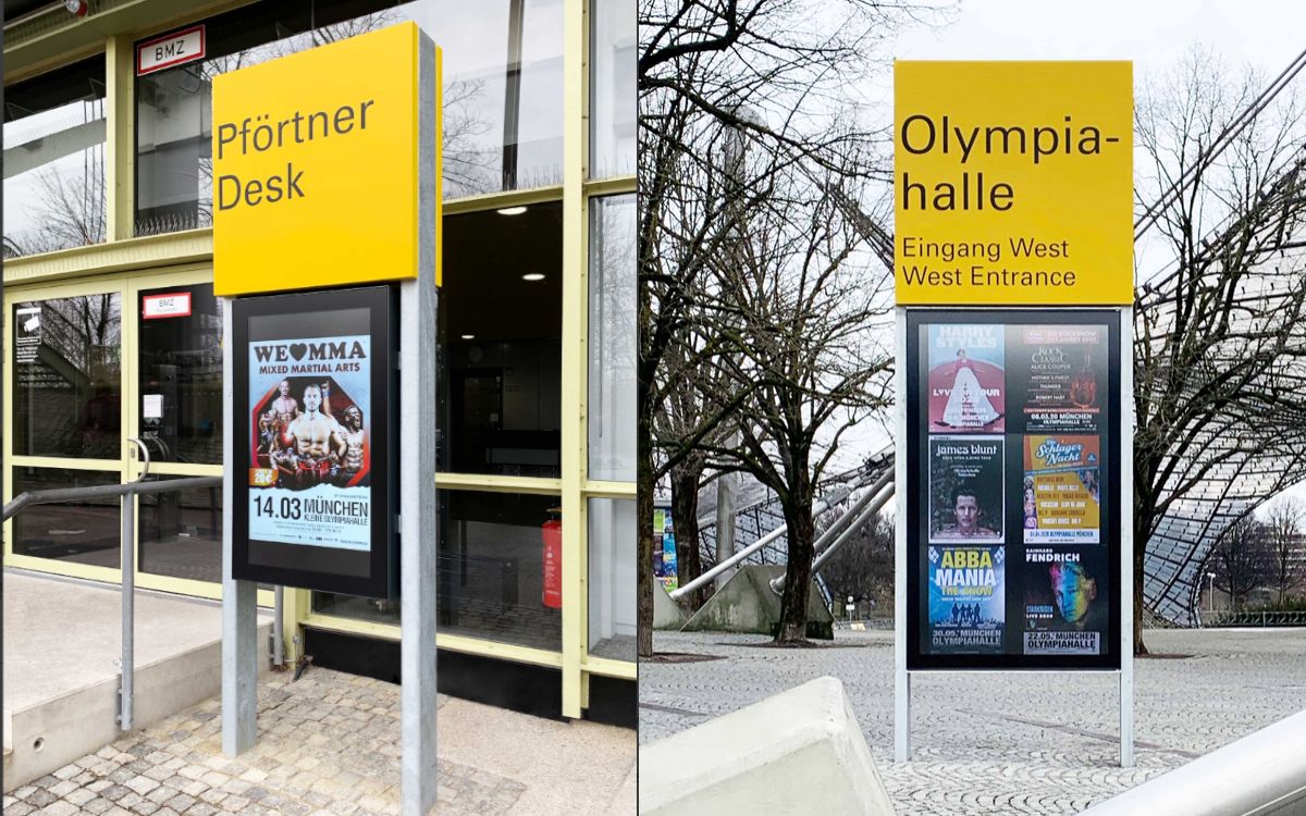 Die Olympiahalle München digitalisiert sich mit Digital Signage-Lösungen integriert von Vangenhassend: links die 47" Version, rechts die XXL-Stele mit 75" Displays (Foto: Vangenhassend)