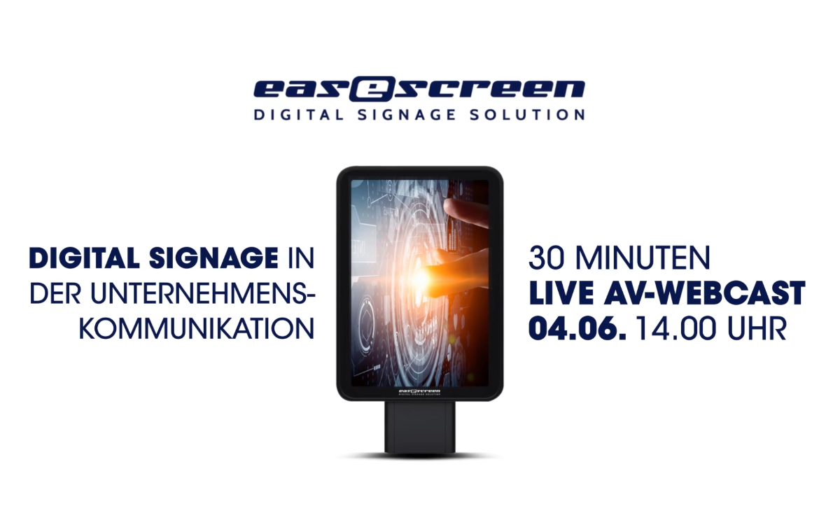Im Rahmen der Virtual Roadshow 2020 von AV-Solution Partner laden easescreen & Pichler Medientechnik zum Webcast über Digital Signage in der Unternehmenskommunikation ein (Foto: Screenshot)