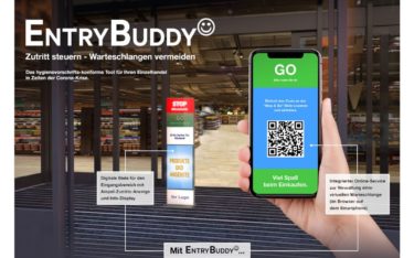 Der EntryBuddy von GREY Shopper und MuSe Content verbindet digitale Ampelstele mit App-basiertem Online-Service fürs Warteschangenmanagement (Foto: MuSe/GREY)