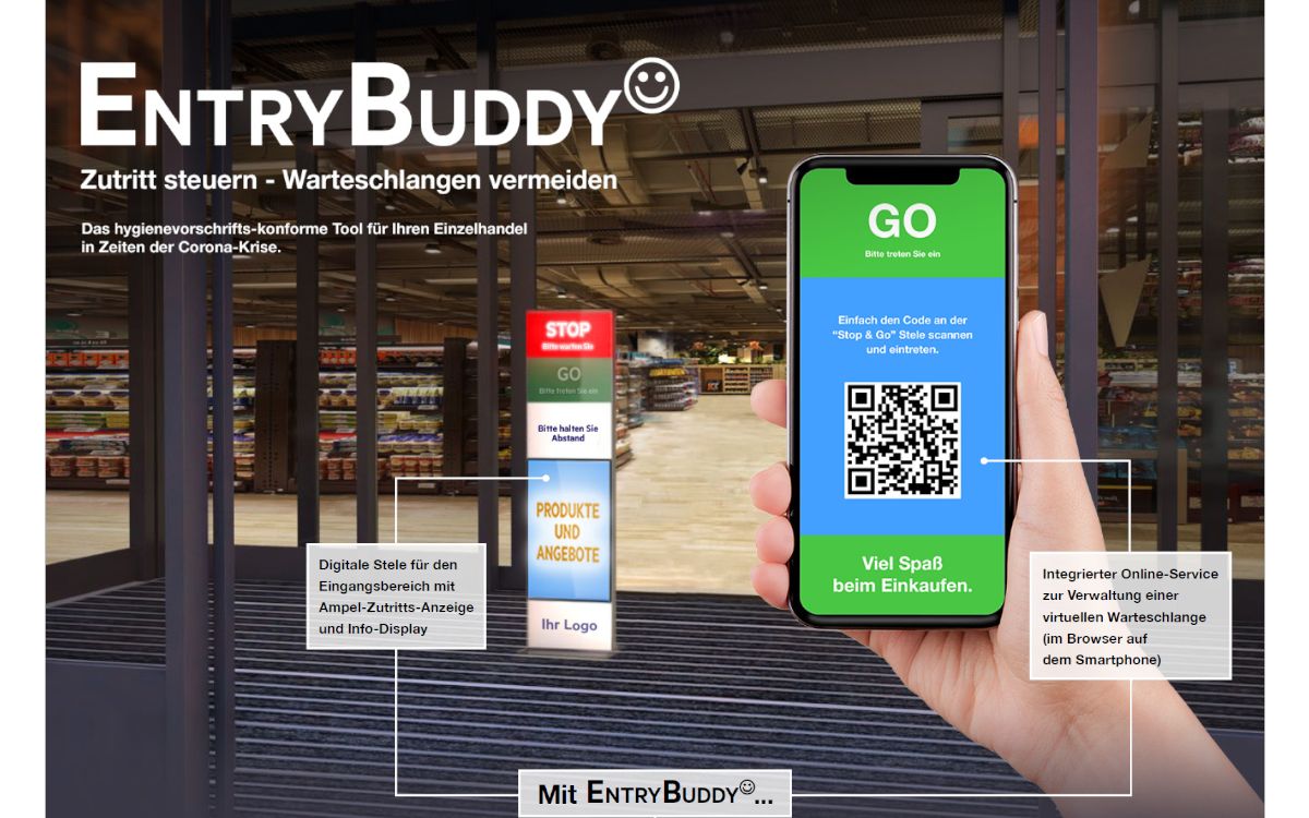 Der EntryBuddy von GREY Shopper und MuSe Content verbindet digitale Ampelstele mit App-basiertem Online-Service fürs Warteschangenmanagement (Foto: MuSe/GREY)