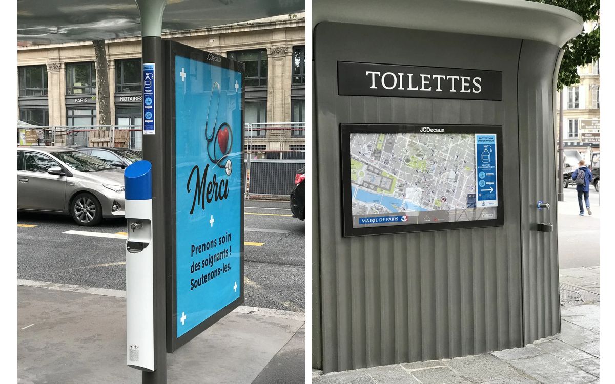 JCDecaux und Paris platzieren rund 2.000 Hygiene-Stationen neben DooH-Flächen an Bushaltestellen oder öffentlichen Toiletten (Foto: JCDecaux)