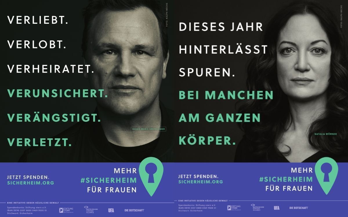 Die #sicherheim-Kampagne gegen häusliche Gewalt setzt auf markante Botschaften und prominente Gesichter – jetzt auch auf Displays bei Real und Edeka (Foto: Echion/Sicherheim)
