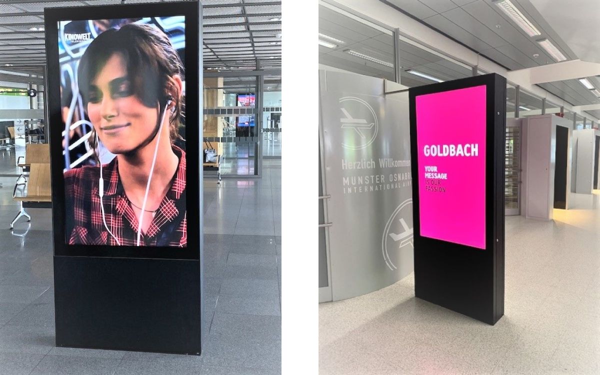 Goldbach nimmt neue DooH-Flächen an den Flughäfen Dortmund (l.) und Münster Osnabrück (r.) in seinen Airport Channel auf (Foto: Goldbach)