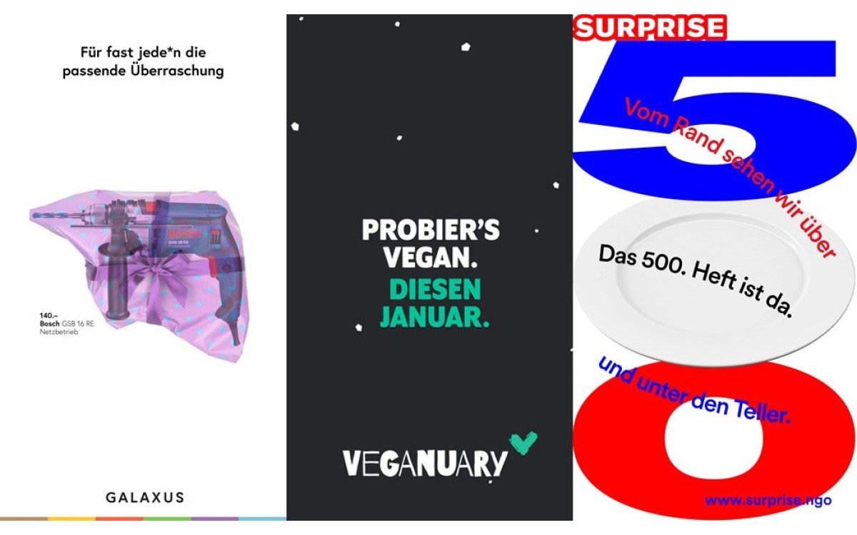 Clear Channel zeichnete erneut die besten digitalen Plakatkampagnen des vergangenen Jahres mit dem DooH-Award aus: Digitec, die Vegane Gesellschaft und Surprise (von links).(Foto: Clear Channel Schweiz)