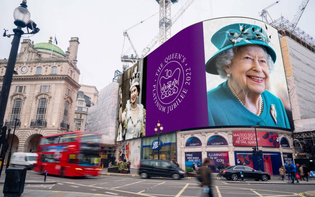 Screens von Ocean ehrten die Queen anlässlich des 70. Jahrestags der Thronbesteigung. (Fotocollage: Ocean Outdor)