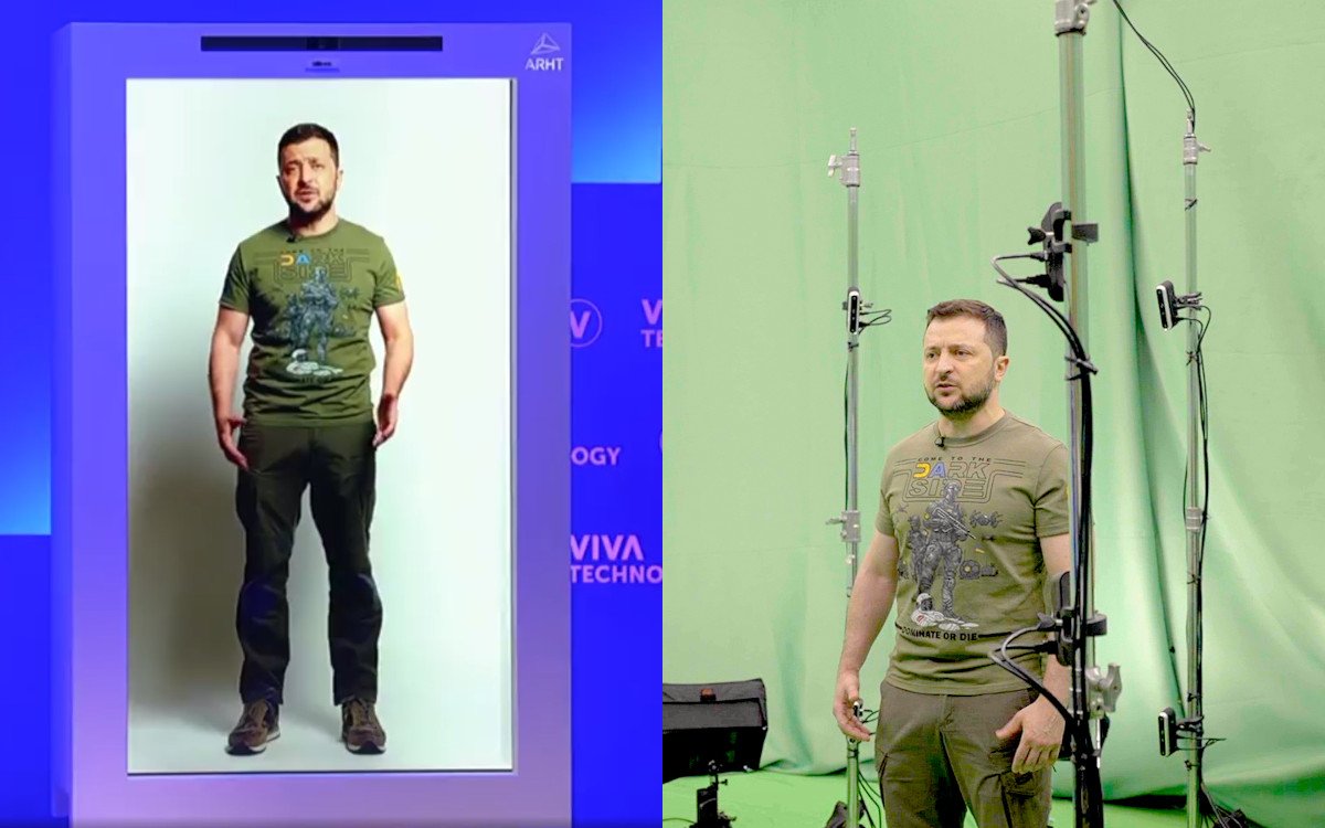 Ukraine-Präsident Volodymyr Zelenskyj bei der Übertragung und der Aufnahme der 3D-Rede. (Fotos: Links Screenshot/Viva Tech; rechts: Business Wire/Evercoast)