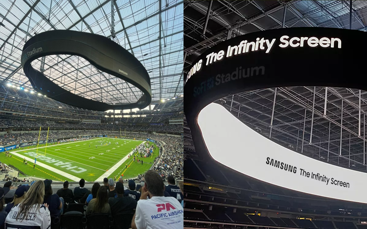 Links: Infinity-Screen ohne Inhalt bei einem Vorsaison-Spiel der NFL (Foto: Closmedina/ Twitter), Rechts: Leuchtender Infinity Screen (Foto: Samsung)