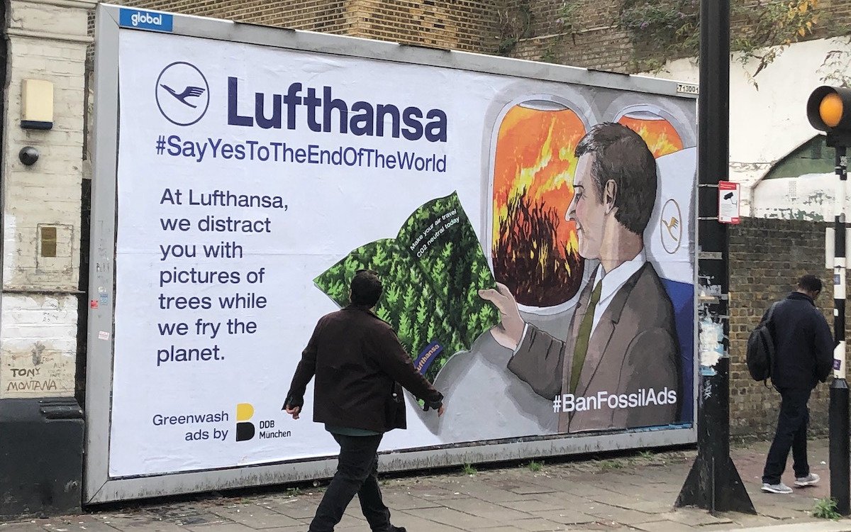 Gegen Lufthansa und deren DDB München: Fake-Kampagnen greifen Fluggesellschaften und ihre Werbeagenturen an. (Foto: brandalism.ch)