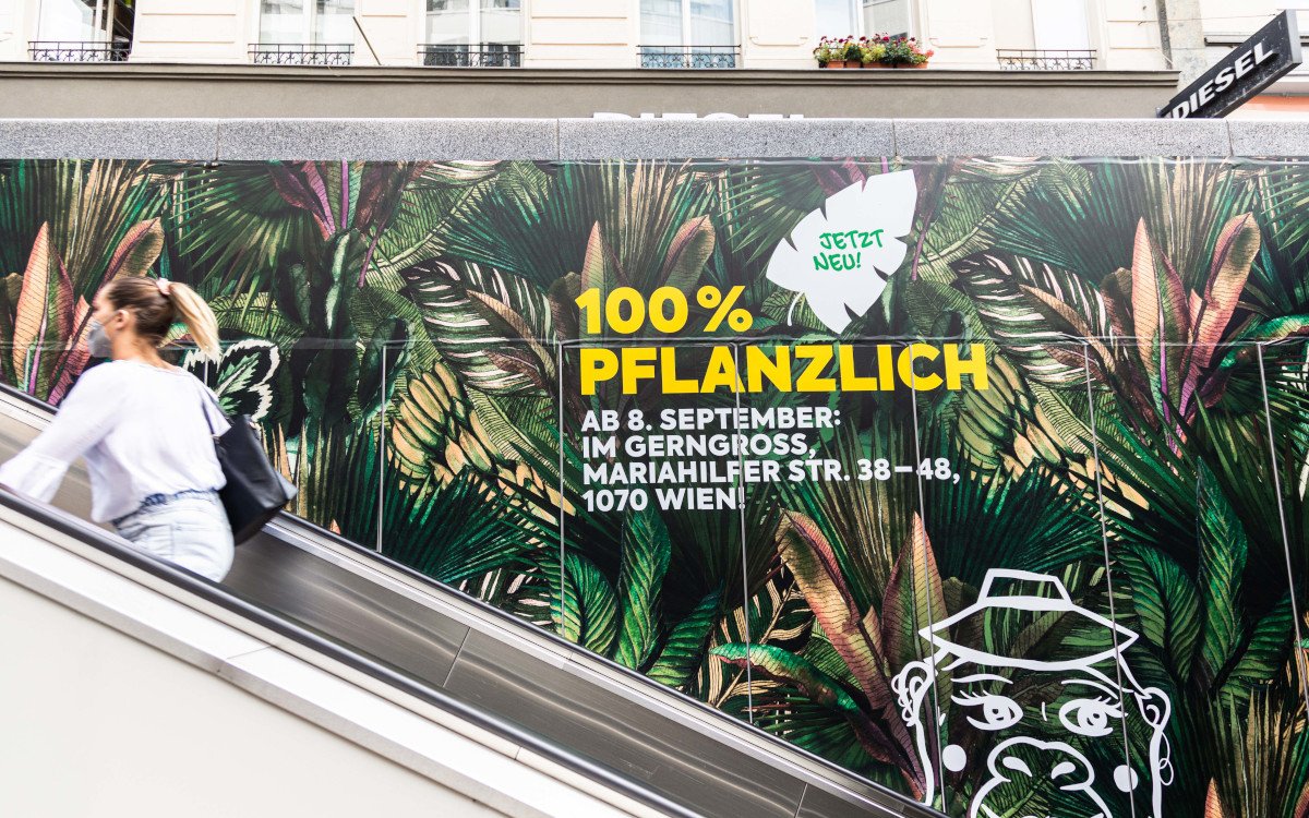 Eine spezielle Brand Area begrüßte den veganen Supermarkt Billa Pflanzilla in Wien. (Foto: Gewista)