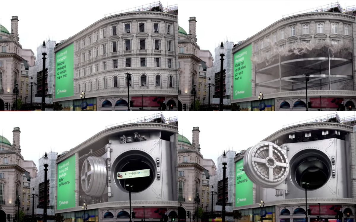 Forced-Perspective-Kampagne von Whatapp auf Ocean-Screen am Piccadilly Circus (Foto: Screenshot/ Youtube)