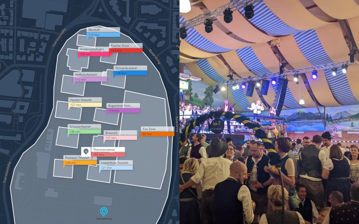 In welchem Wiesn-Festzelt bleiben die Feiernden am längsten? Hierfür haben Placesense und Planus Media mobile Daten ausgewertet. (Fotos: Links: Placesense; rechts: invidis)