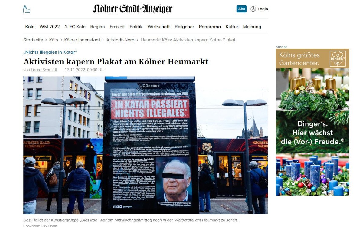 Bericht des Kölner Stadtanzeigers zum gekaperten Plakat (Screenshot; Kölner Stadtanzeiger)