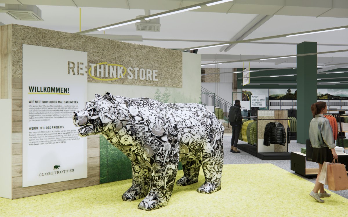 Eingangsbereich des neuen Rethink-Stores von Globetrotter in Bonn (Rendering: dan pearlman)