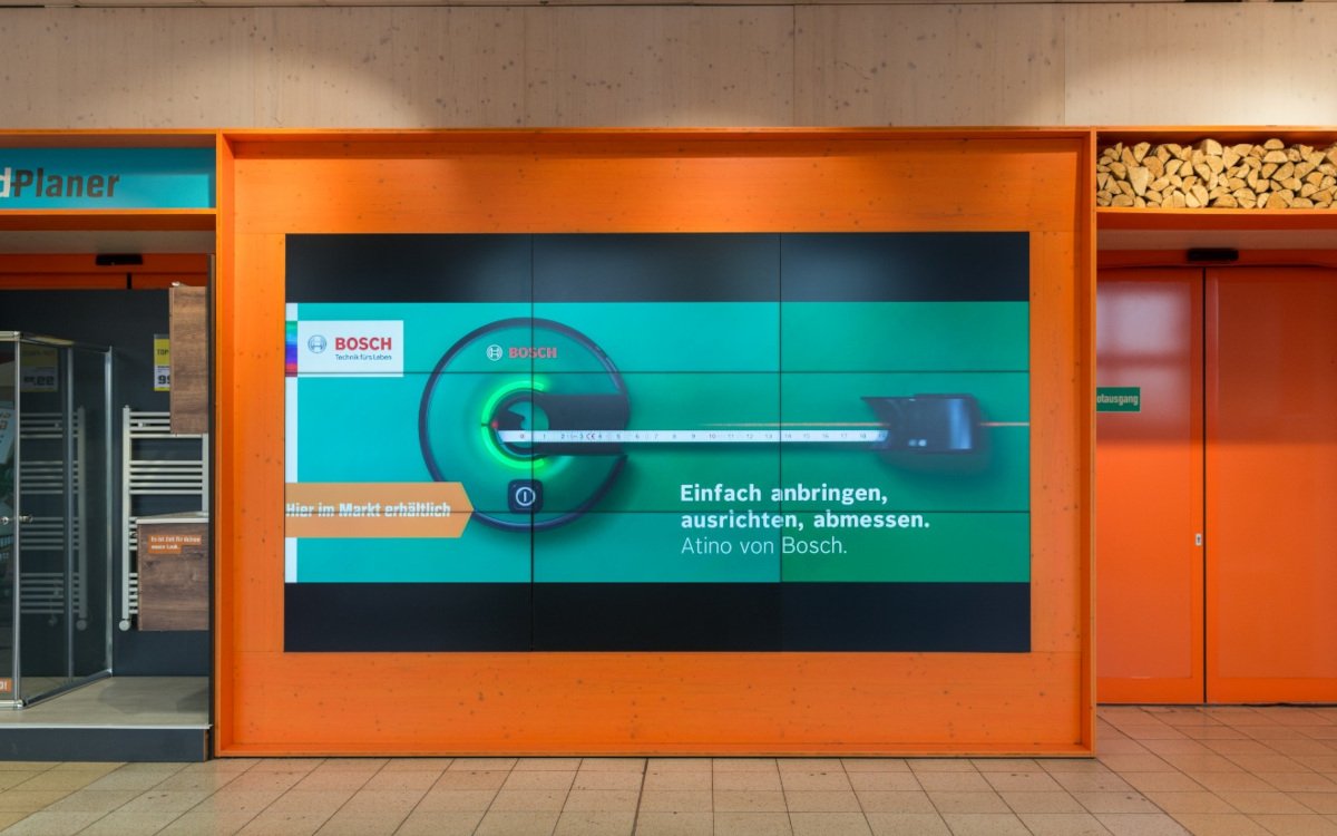 Instore-Retail-Media hat nach wie vor großes Potenzial – Bosch-Werbung in einem Obi-Baumarkt. (Foto: OBI)