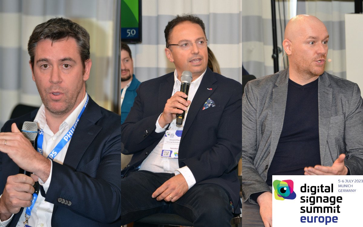 Die Teilnehmer des Visual Solution Leaders Panel (von links): Franck Racapé von PPDS, Vincent Piarou von Samsung und Tobias Augustin von Sharp/NEC. (Foto: invidis)