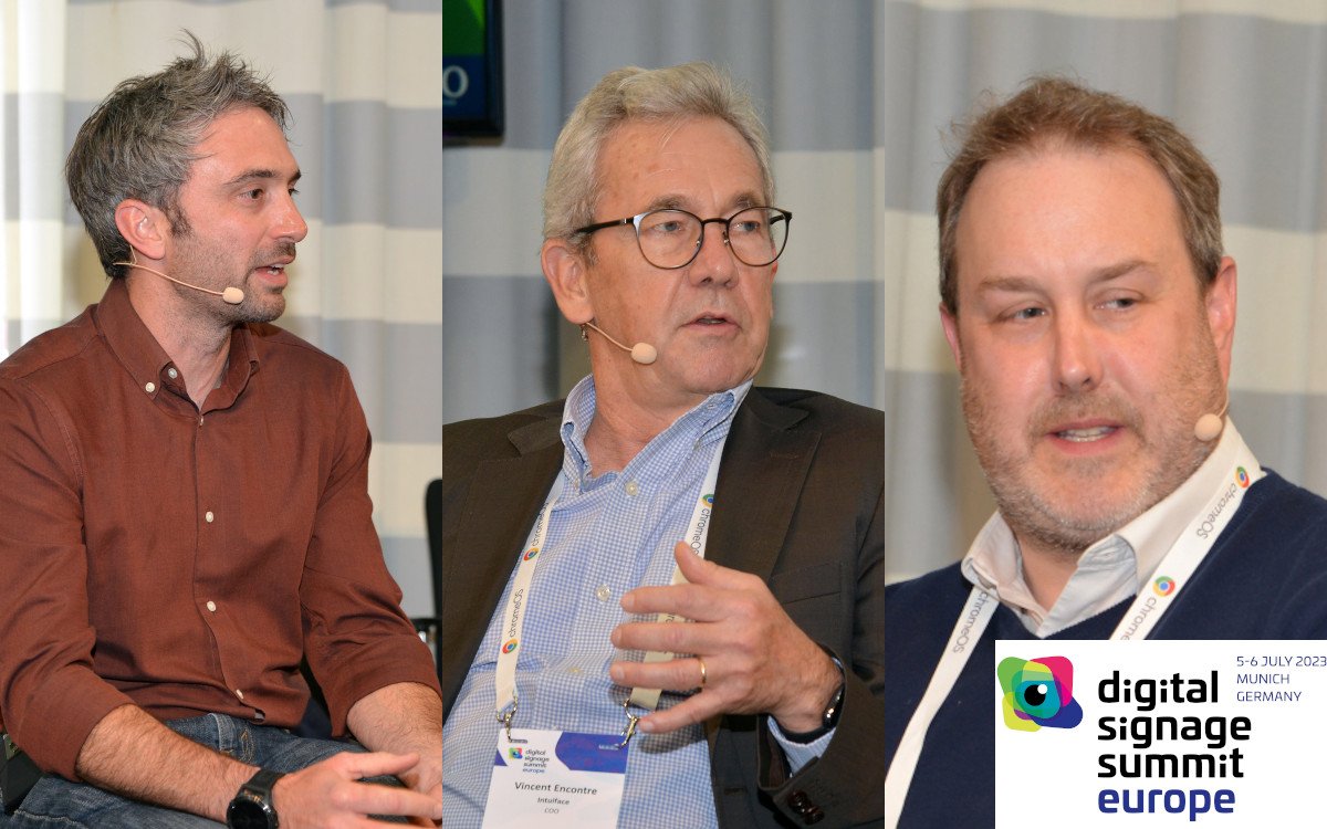 Die Teilnehmer des Panels "DS Secure and Sustainable" (von links): Craig Francis von Google ChromeOS, Vincent Encontre von Intuiface und Peter Critchley von Trison UK. (Foto: invidis)