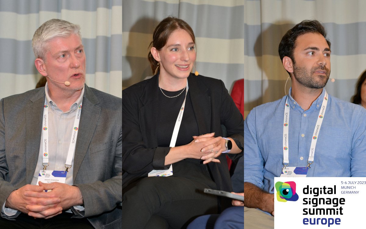 Unter den AI-Experten auf dem DSSE 2023 waren (von links): Jason Cremins von Signagelive, Fiona Gutsche von B12 und Iman Nahvi von Advertima (Foto: invidis/ Frank Böhm)