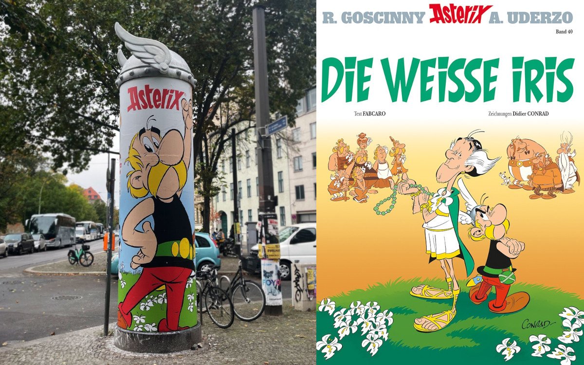 Eine Spezial-Litfaßsäule mit Gallierhelm bewirbt den neuen Asterix-Band "Die Weiße Iris". (Bild links: pilot; Bild rechts: © Asterix®-Obelix®-Idefix® / 2023 Hachette Livre / Goscinny - Uderzo)