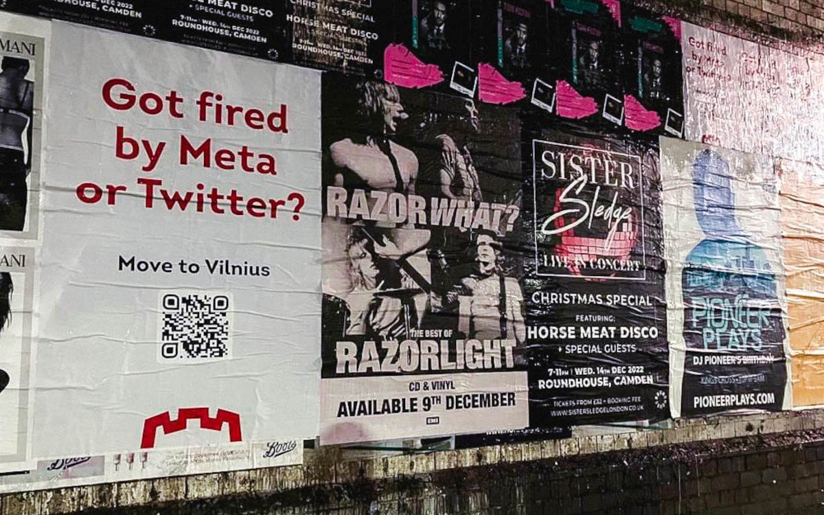 "Got Fired by Meta or Twitter? Go to Vilnius." Prämierte Plakatkampagne der litauischen Hauptstadt. (Foto: Go Vilnius)