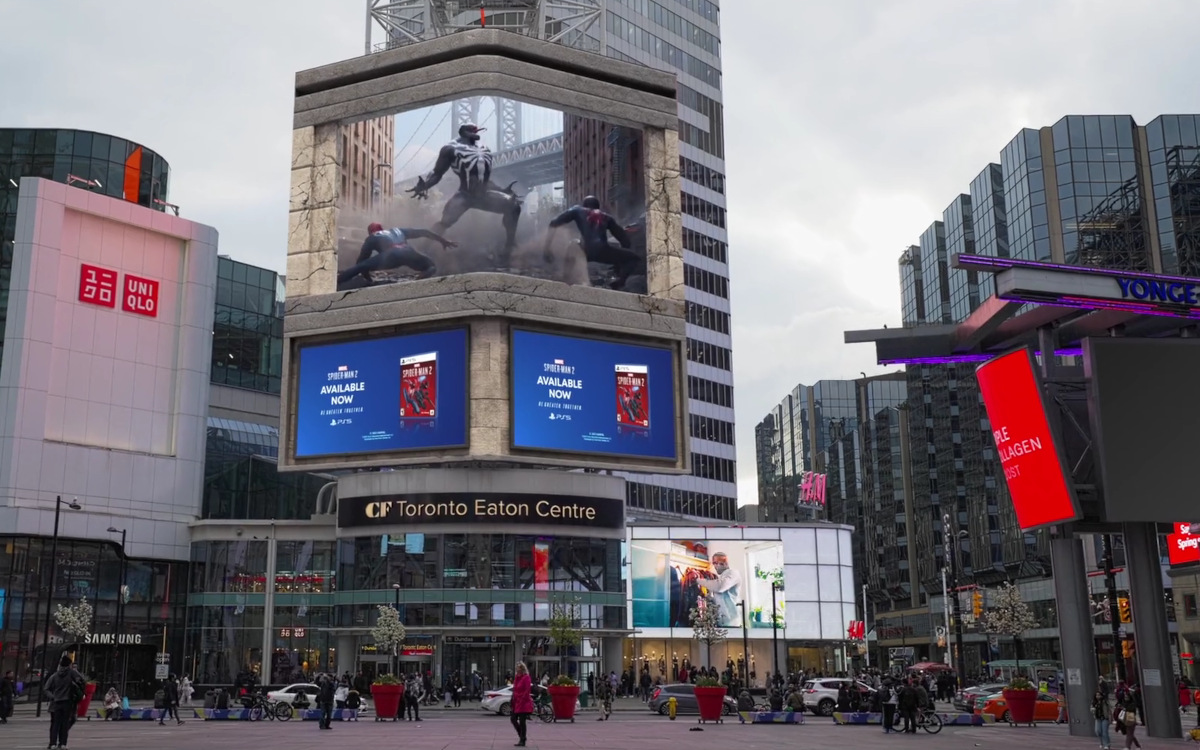 In Toronto und fünf weiteren Metropolen zeigte Playstation eine Forced-Perspective-Kampagne zum Launch des Spider-Man-2 Games. (Foto: BCN Visuals)