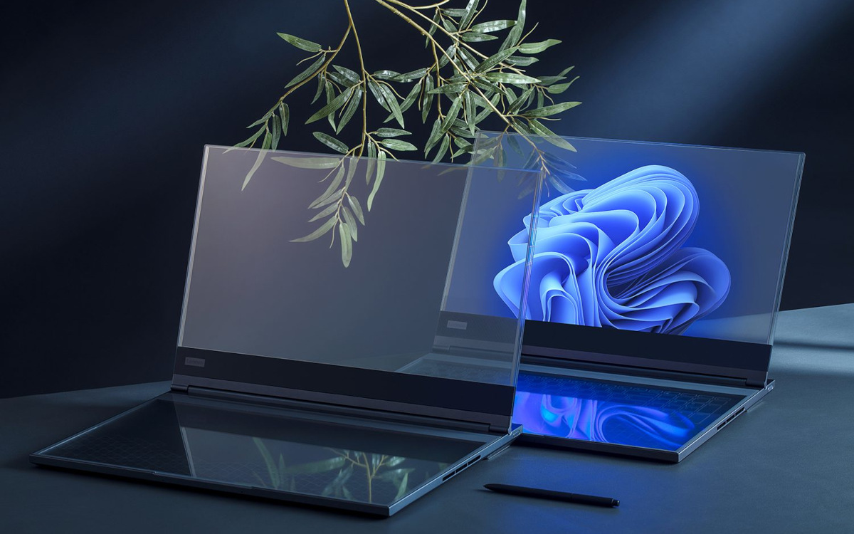 Thinkbook mit transparentem Display aus MicroLED - ein Lenovo Proof-of-Concept auf der MWC (Foto: Lenovo)