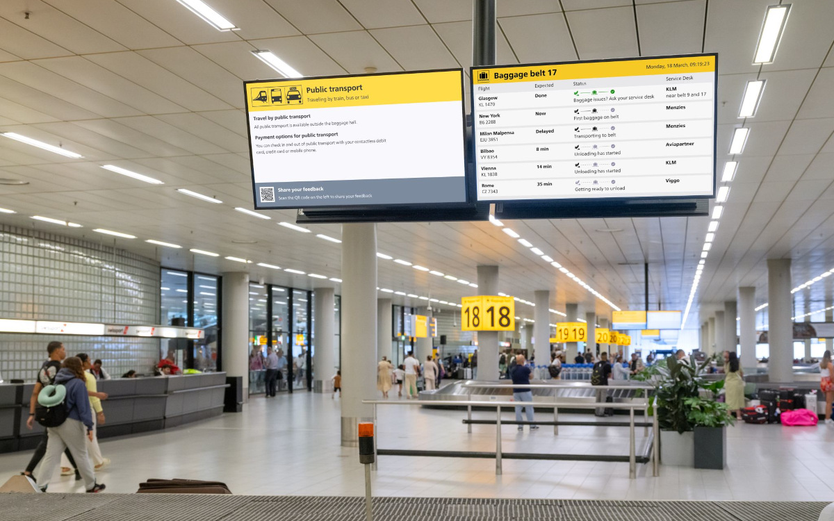 Digital Signage-Screens an der Gepäckausgabe am Flughafen Amsterdam Schiphol (Foto: Schiphol Group Aviation Solutions)