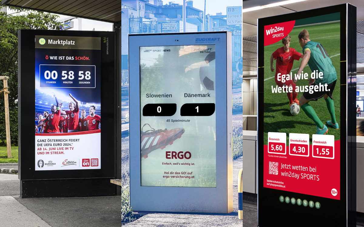 Drei starke österreichische DooH-Kampagnen anlässlich der Fußball-EM 2024 (Fotos von links: TUNNEL23/win2day; ZUGKRAFT; EPAMEDIA)