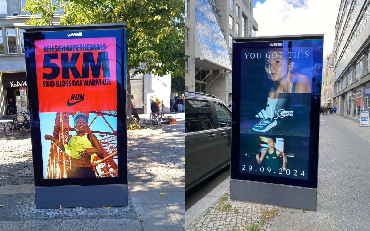 Nike und Adidas setzten für ihre DooH-Kampagnen zum Berlin-Marathon auf unterschiedliche Messages. (Fotos: Leonardo Di Cecca/Linkedin und Cedric Tim Thiele/Linkedin)