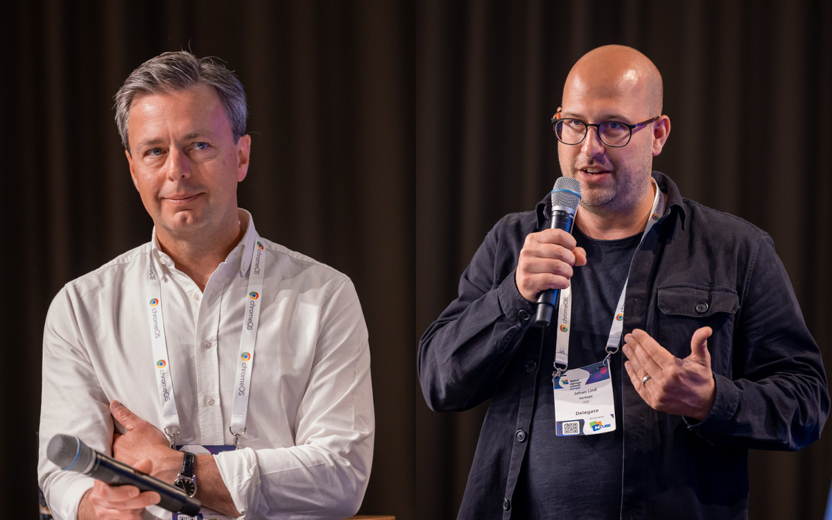 Pontus Meijer, CEO von Visual Art, (links) und Johan Lind, CEO von Vertiseit, auf der DSSE-Konferenz 2024 in München (Foto: invidis)