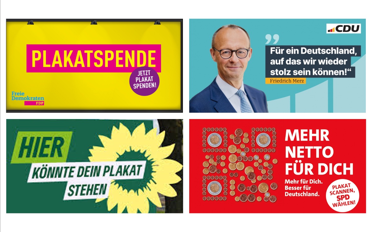 Plakatspenden-Aufrufe ausgewählter Parteien (Collage: invidis)