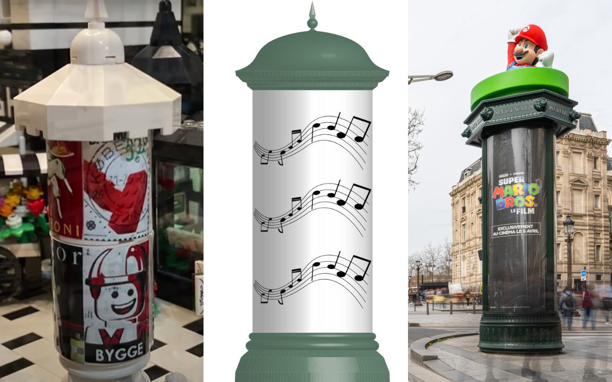Lego, Musik und Super Mario: 7 Fun Facts zur Litfaßsäule (Fotos v.r.: LegoStar (Screenshot), Pixaline/Pixabay Säulengrafik), JCDecaux)