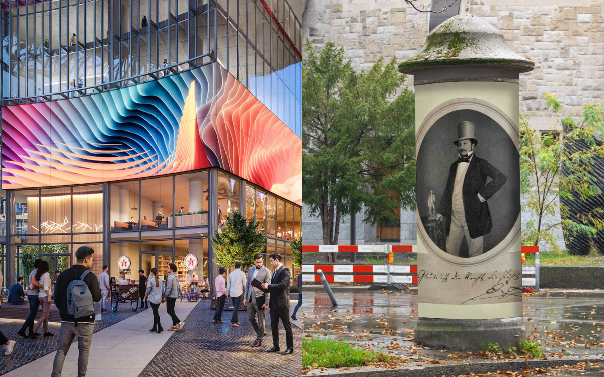 Der Bogen von Ernst Litfaß zum Hygh-Screen – was DooH-Unternehmen vom Litfaßsäulen-Erfindet lernen können. (Foto-Mockup links: Studio Odey; Fotomontage rechts: Crossvertise, Litfaßbild Bildarchiv Austria)