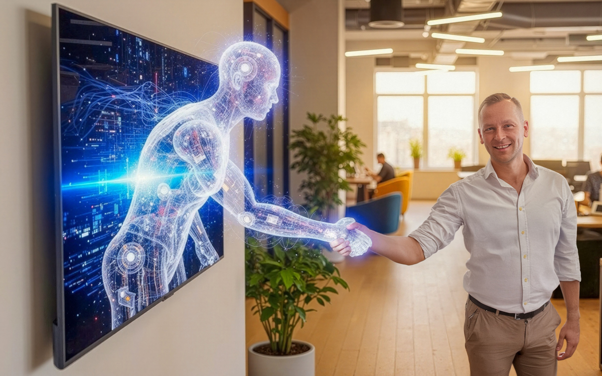 So stellt sich die Künstliche Intelligenz die Kraft des neuen Framen AI-Agenten vor – hier mit CEO Dimitri Gärtner. (Foto: AI-generiert/Framen)