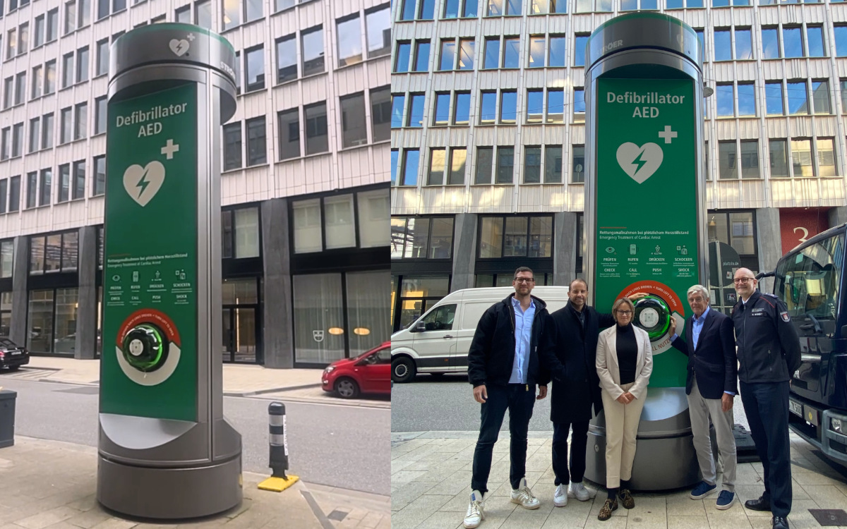 Von links: Malte Claussen, von den „Herzrettern“ gerettet, Alexander Stotz von Ströer, Melanie Schlotzhauer von den Freien und der Hansestadt Hamburg), Martin Buchholz vom Herzretter-Verein Godo Savinsky von der Feuerwehr Hamburg (Foto: Ströer)