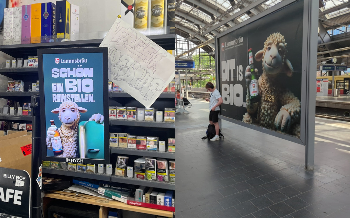 Lammsbräu-Werbung, an Bahnhöfen und in Spätis (Fotos: Weischer.OOH)