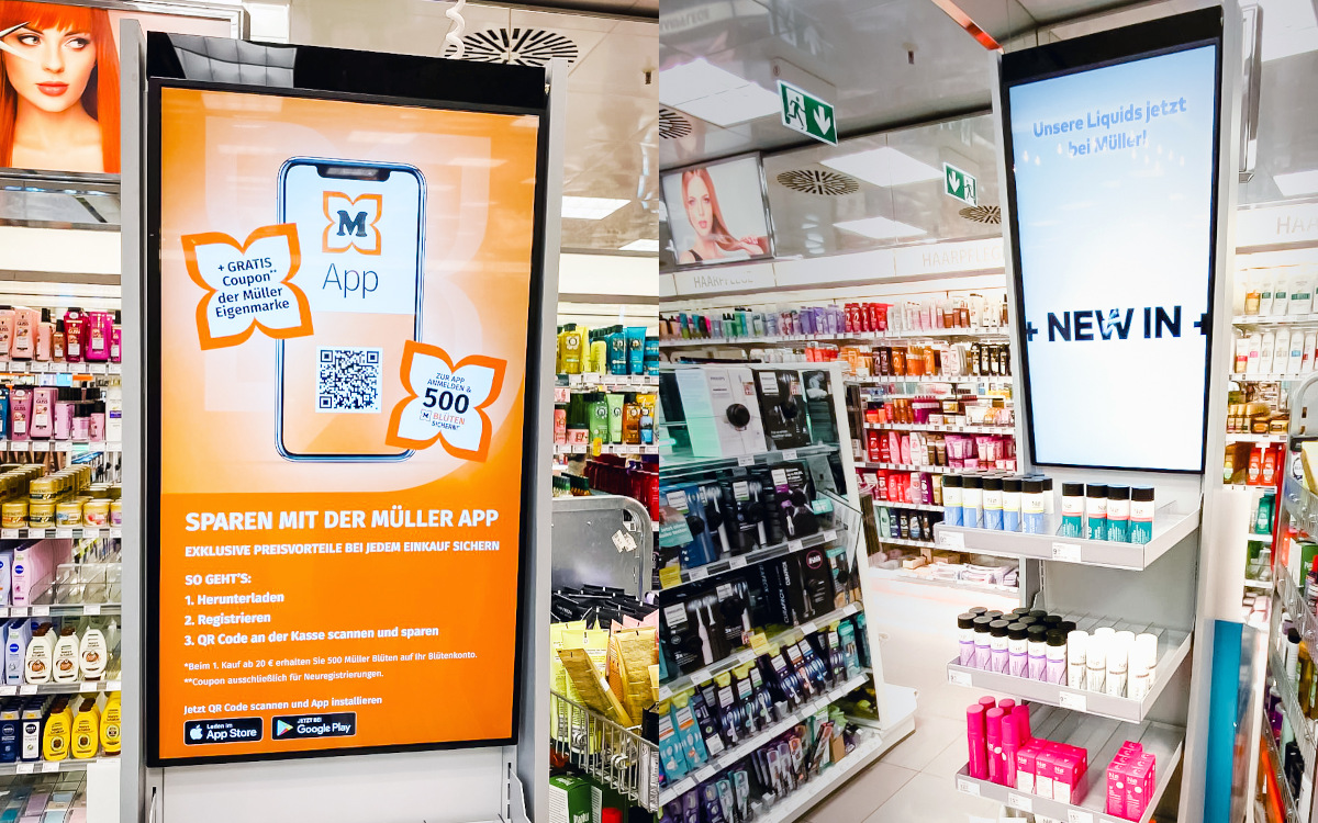 Retail-Media-Screens von Emsu in Müller-Drogerien (Foto: EMSU)