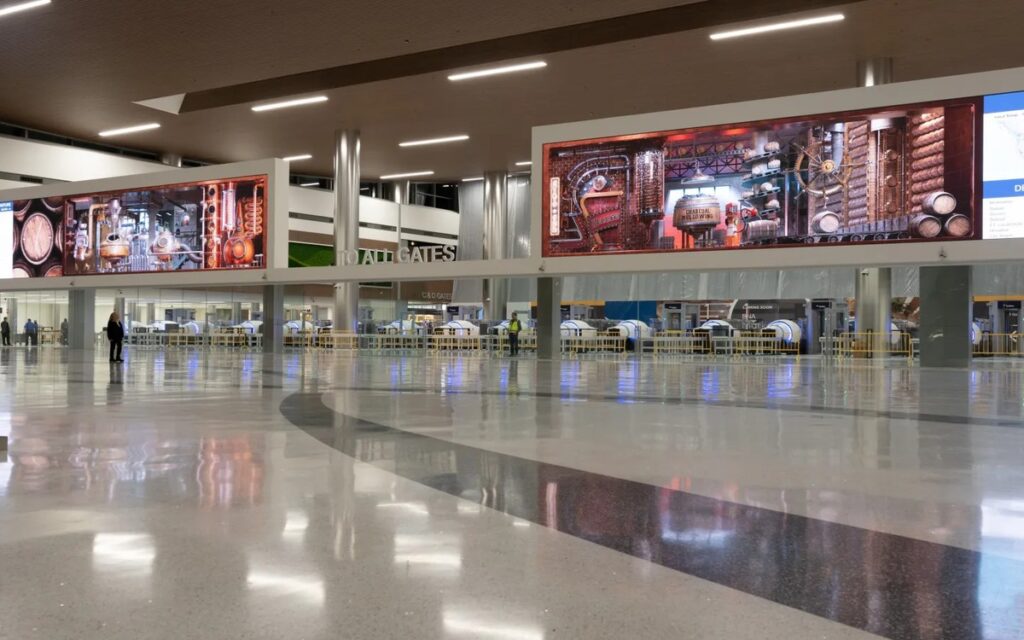 Zwei panoramische LED-Screens mit kombinierter 24K-Auflösung prägen die neue Grand Lobby des Nashville International Airport. (Foto Gentilehomme)