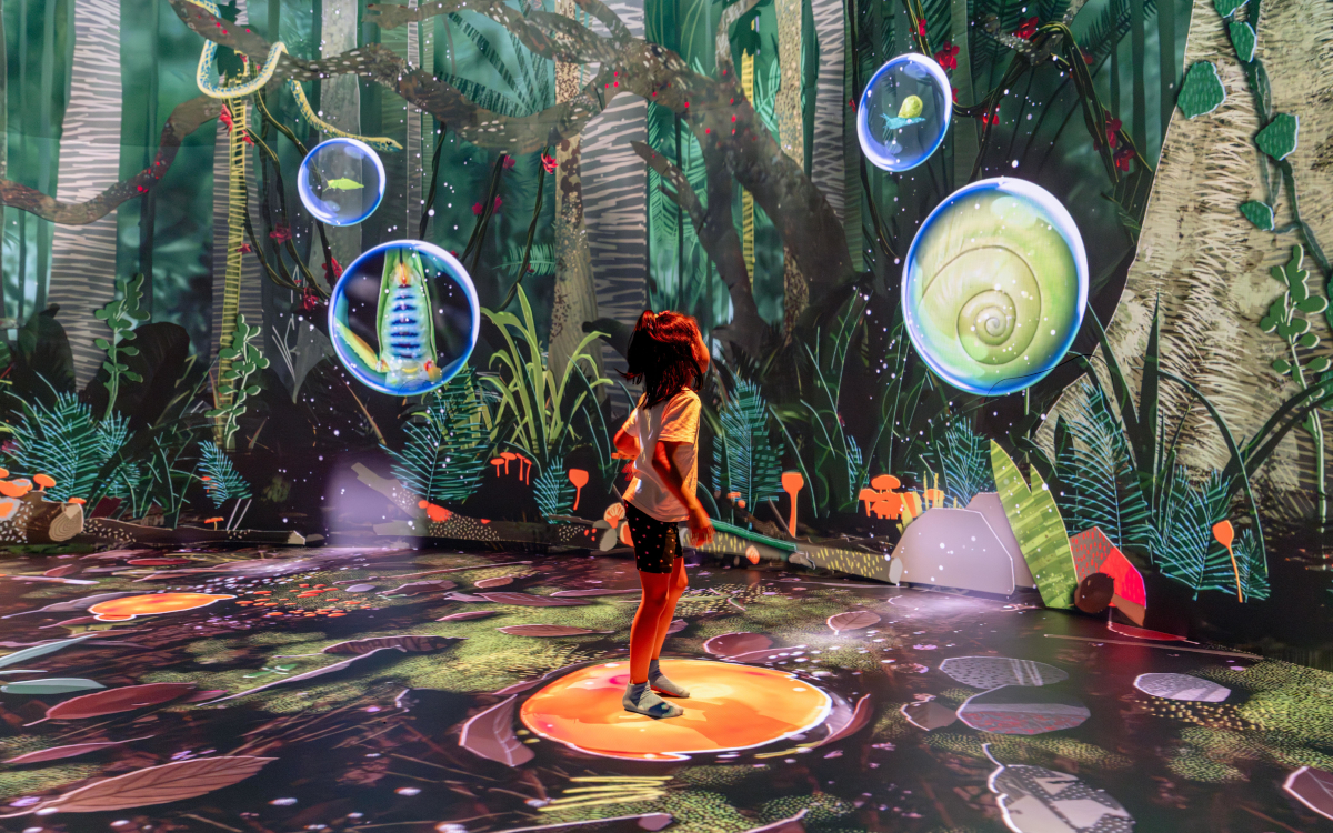 Projektoren, Screens, Sensoren und Audio machen die "Curiosity Cove" zum immersiven Erlebnis. (Foto: Moment Factory)