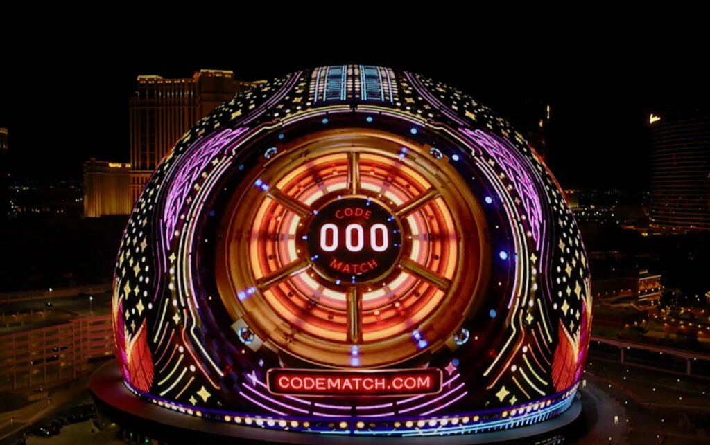 Die Exosphere in Las Vegas wird während der Live‑Mobile‑Game‑Promotion Gewinncodes anzeigen. (Foto: Sphere)