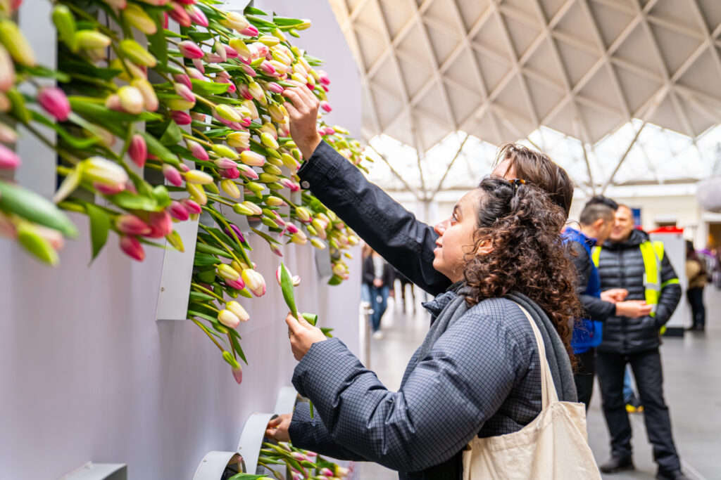 Die Tesco-Muttertags-Aktion mit 5.000 Tulpen am Bahnhof Kings Cross. (Foto: Tesco)