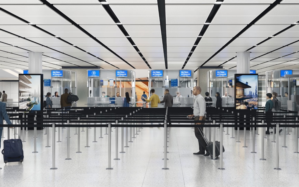 Vorläufiges Mock-up der neuen DooH-Stelen bei den Kontrollen (Bild: Flughafen München)