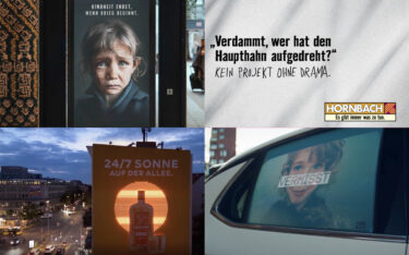 Die Gold-Gewinner der Plakadiva 2026 (von links unten im Uhrzeigersinn): "Deutschland wird Orange", "Lost in Childhood", "Kein Projekt ohne Drama", "Screen2Save" (Bilder: Jägermeister, #WeAreAllUkranians, Initiative Vermisste Kinder)